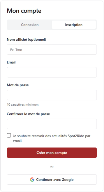 Écran de création de compte Track2Ride